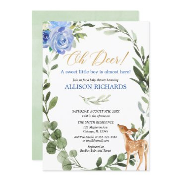 oh deer blue gold eucalyptus boy baby shower invitation