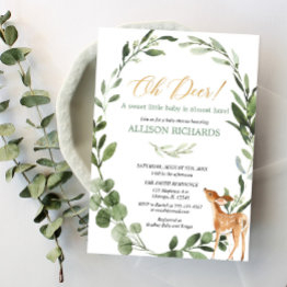 Small Oh Deer Gender Neutral Greenery Gold Baby Shower Invitation Front View