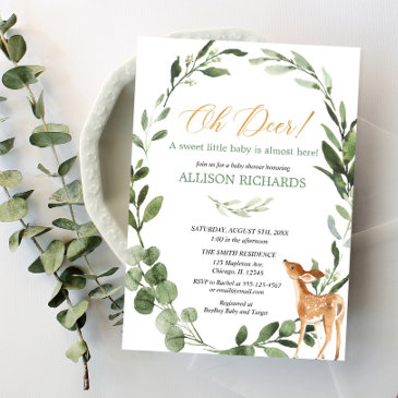 oh deer gender neutral greenery gold baby shower invitation