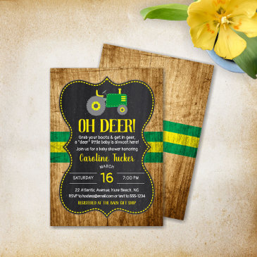 oh deer green tractor baby shower invitation