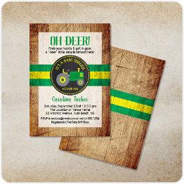 Small Oh Deer Green Tractor Baby Shower Invitation Front View