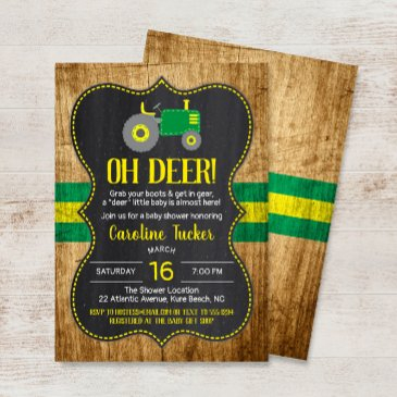 oh deer green tractor baby shower invitation
