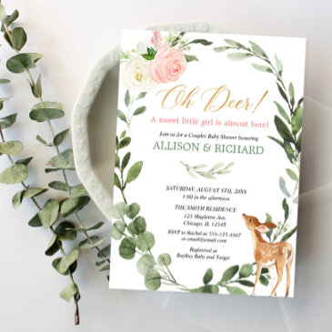 oh deer pink gold couples girl baby shower invitation