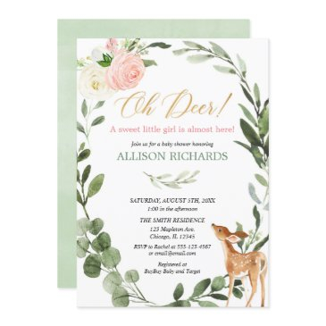 oh deer pink gold eucalyptus girl baby shower invitation