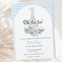 Small Oh La La French Paris Boy Blue Trendy Baby Shower Invitation Front View
