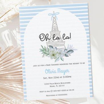 oh la la french paris boy blue trendy baby shower invitation