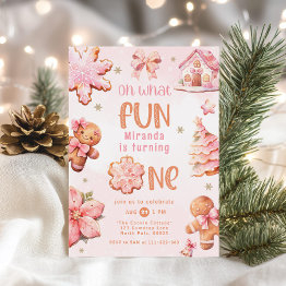 Small Oh What Fun Pink Christmas 1st Birthday Invitation Front View