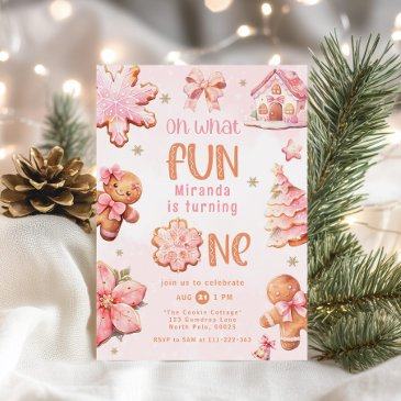 oh what fun pink christmas 1st birthday invitation