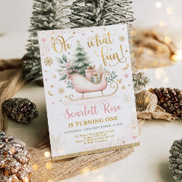 Small Oh What Fun | Pink Winter Wonderland 1st Birthday Invitation Front View