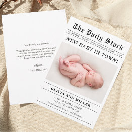 Small Old Newspaper Style Birth Announcement Invitations Front View