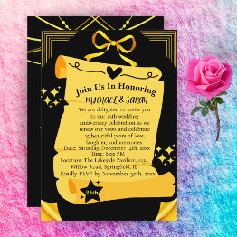 Small Old Scroll Black & Goal 25th Wedding Anniversary Invitation Front View