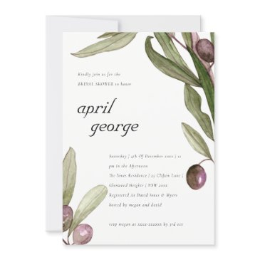 olive watercolor foliage bridal shower invite