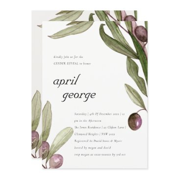 olive watercolor foliage gender reveal invite
