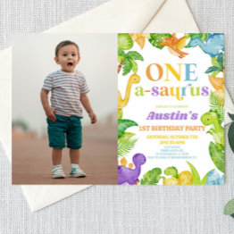 Small One A-saurus Dinosaur 1st First Birthday Party Invitation Front View