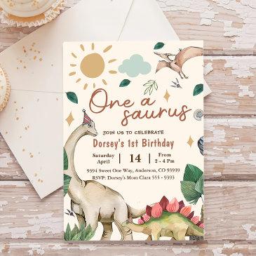 one a saurus dinosaur boy 1st first birthday invitation