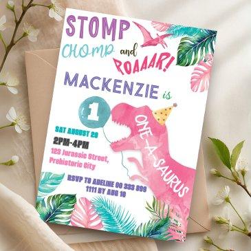 one-a-saurus pink dinosaur 1st birthday girl invitation