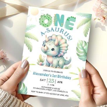 one a-saurus triceratops dinosaur 1st birthday invitation