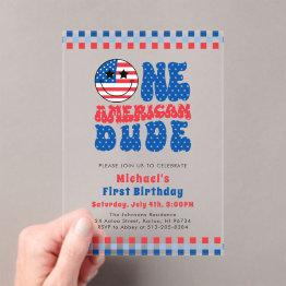 Small One American Dude 4th Of July First Birthday Acrylic Invitations Front View