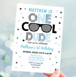 Small One Cool Dude Sunglass Boy First Birthday Invitation Front View