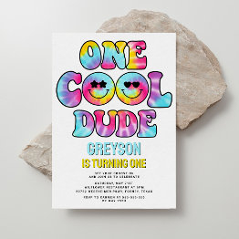 Small One Cool Dude Tie Dye Boy 1st Birthday Invitation Front View