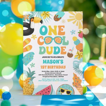 one cool dude tropical summer 1st birthday party invitation