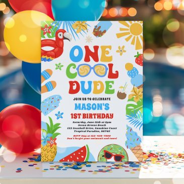 one cool dude tropical summer 1st birthday party invitation