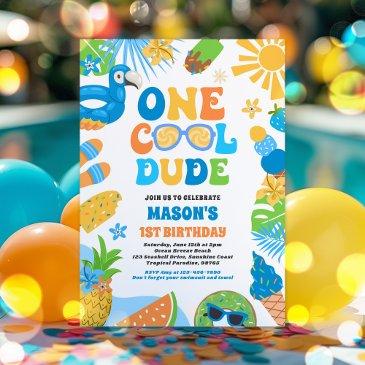 one cool dude tropical summer 1st birthday party invitation
