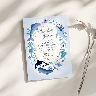 one-der the sea blue ocean animals first birthday invitation