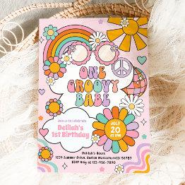 Small One Groovy Babe 70s Flower Power Rainbow Birthday Invitation Front View