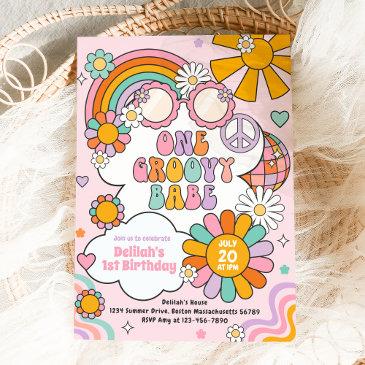 one groovy babe 70s flower power rainbow birthday invitation