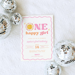 Small One Happy Girl Retro Sun First Birthday Invitation Front View