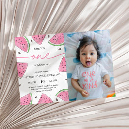 Small One In A Melon 1st Birthday Watermelon Photo Invitation Front View