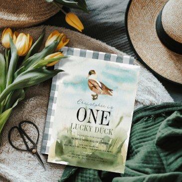 one lucky duck watercolor boy 1st birthday invitation