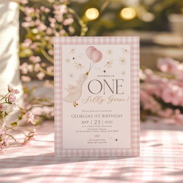 one silly goose girls 1st birthday pink gingham invitation