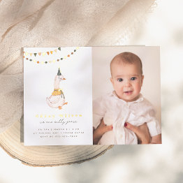 Small One Silly Goose Photo 1st Birthday Party Foil Invitation Front View