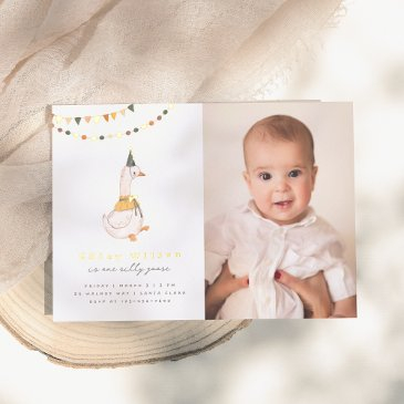 one silly goose photo 1st birthday party foil invitation