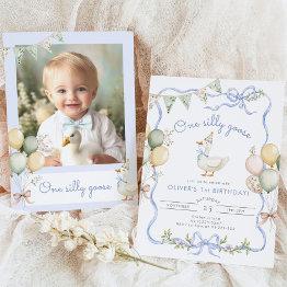 Small One Silly Goose Photo Boy 1st Birthday Invitation Front View