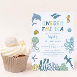 Small Oneder The Sea Boy 1st Birthday Party Invitation Front View