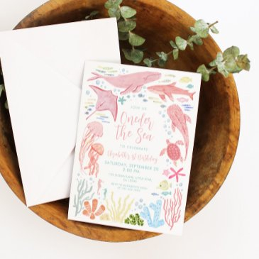 oneder the sea pink ocean aniamls 1st birthday invitation