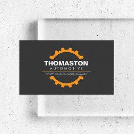 Small Orange Automotive Gear Auto Repair, Mechanic Business Invitations Front View
