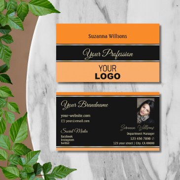 orange black peach stripes with logo and photo business invitations