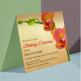 Small Orange Orchids Birthday Party Invitation Front View