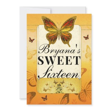 orange yellow & gold butterfly sweet 16 party invitation