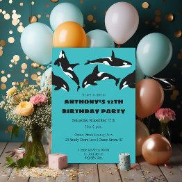 Small Orcas Killer Whales Teal Blue Birthday Party Invitation Front View
