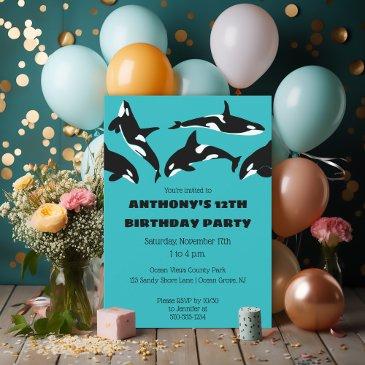 orcas killer whales teal blue birthday party invitation