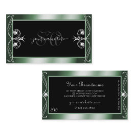 Small Ornamental Black Green Sparkle Diamonds Monogram Business Invitations Front View