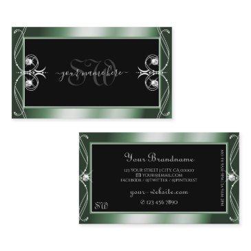 ornamental black green sparkle diamonds monogram business invitations