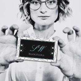 Small Ornamental Black White Sparkling Diamonds Initials Business Invitations Front View