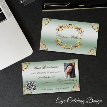 ornamental gold decor green with photo and qr code business invitations