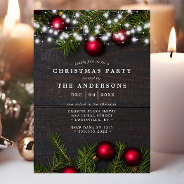 Small Ornaments And Pine String Lights Christmas Party Invitation Front View
